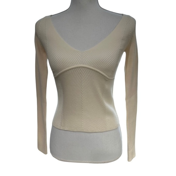 Who What Wear Collection Anneliese Herringbone Long Sleeve Top Ivory SZ M NWT - Picture 2 of 8